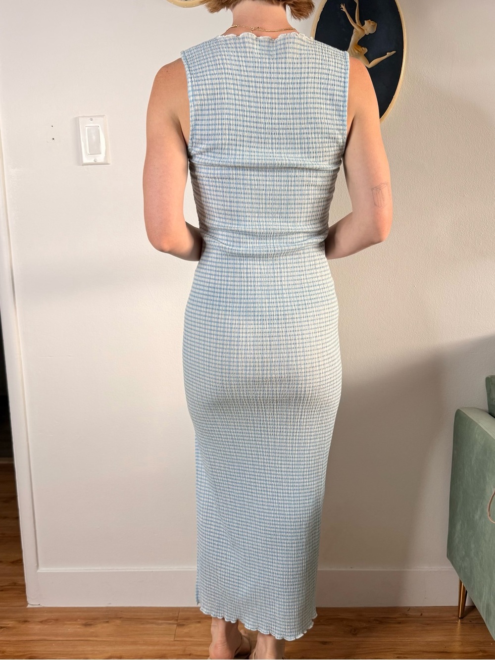 Wilfred Light Blue Checked Sleeveless Maxi Dress with Side Slit - Picture 4 of 4